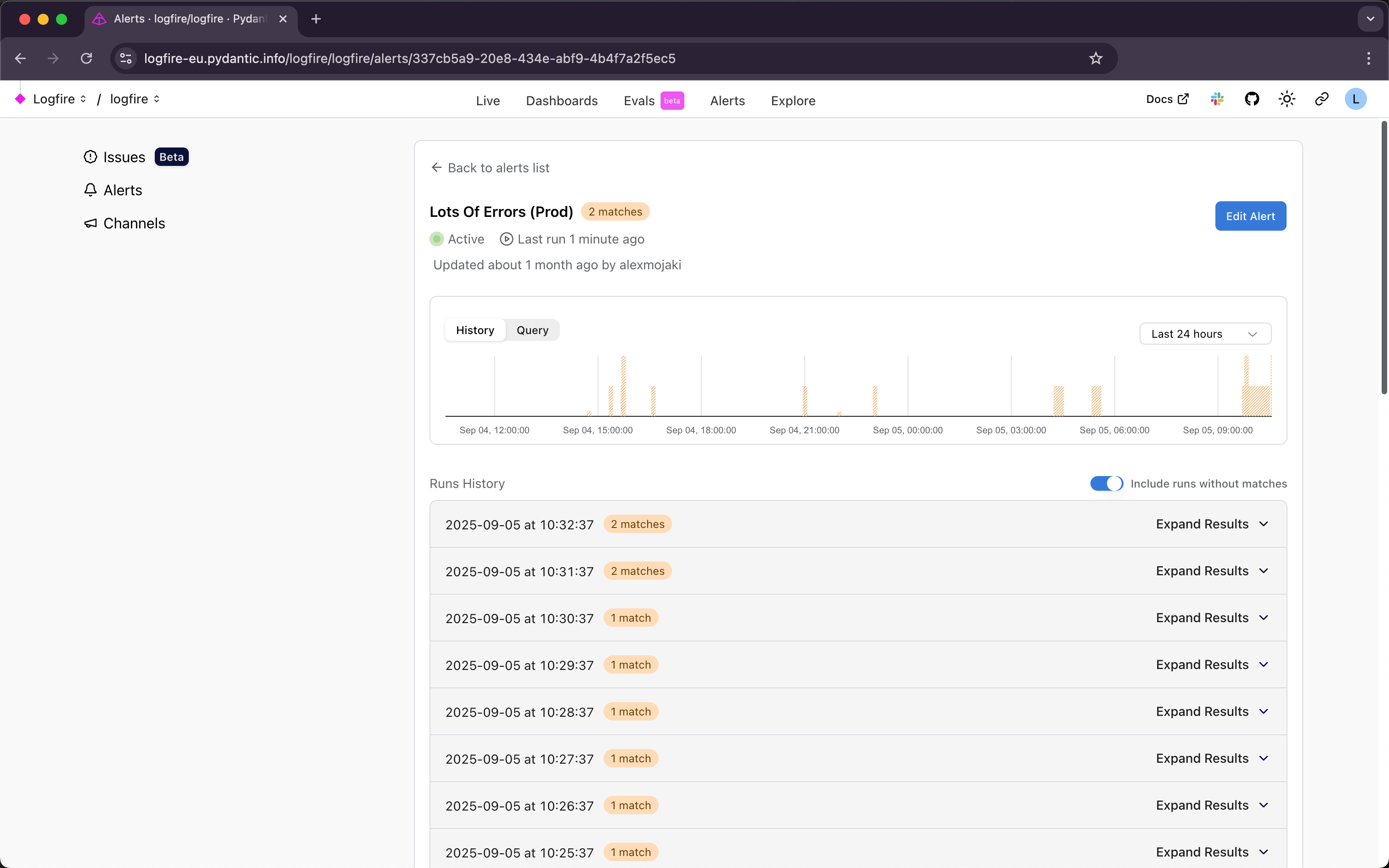 Alerts list with error